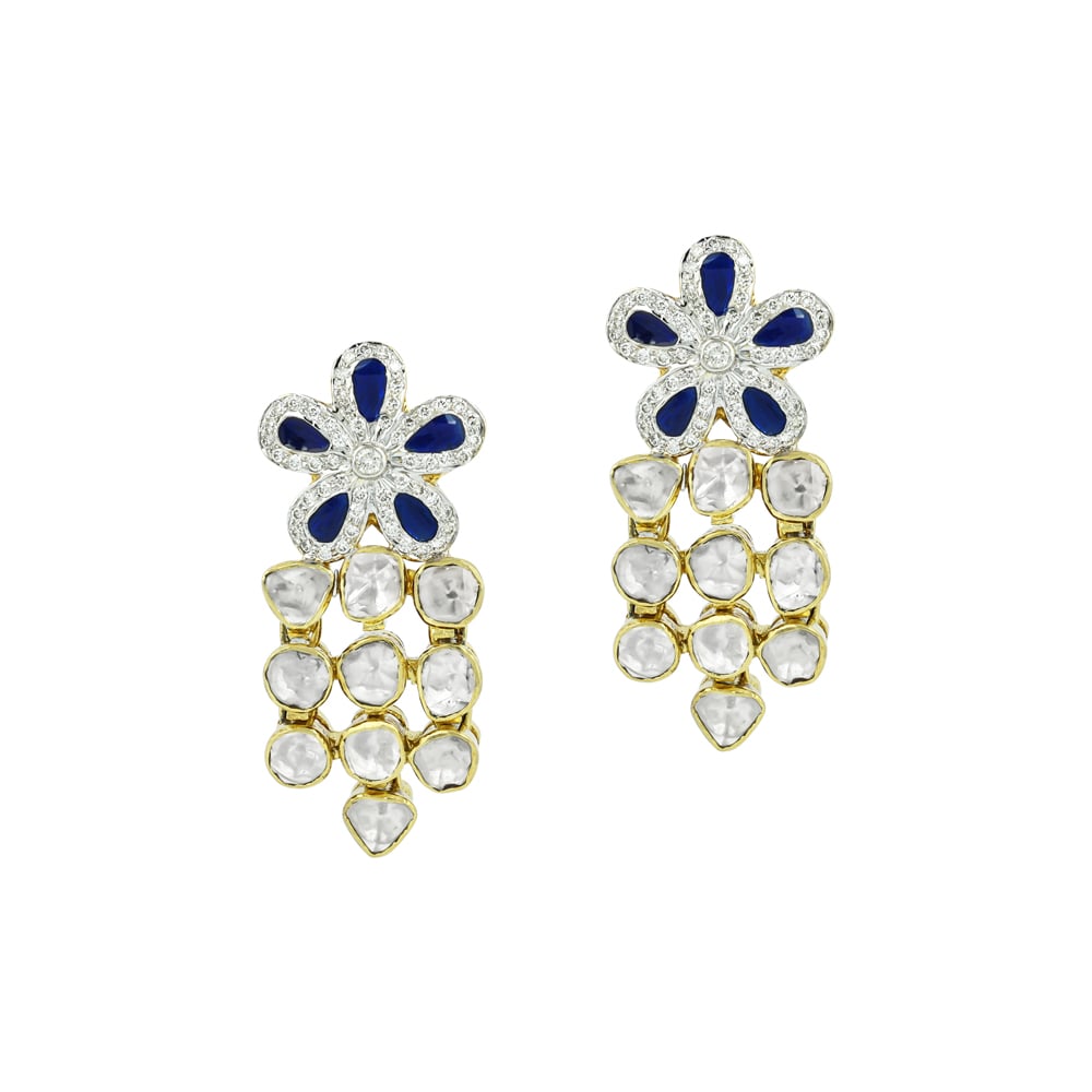 Floral Polki Earrings with Blue Stone and Cascading Polkis